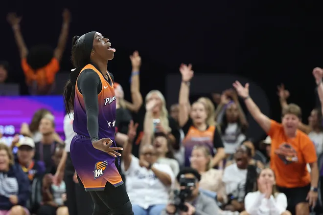 Kahleah Copper #2 of the Phoenix Mercury celebrates after hitting a three-point shot against the New York Liberty during the second half of the WNBA game at PHX Arena on Aug. 30, 2025, in Phoenix. The Mercury defeated the Liberty 80-63.