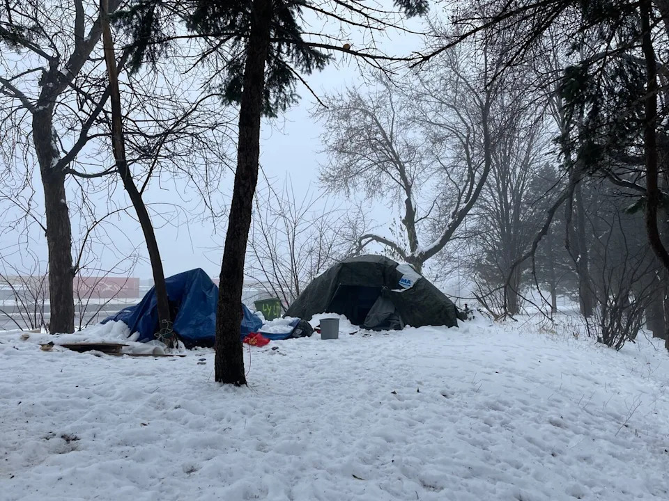 A handful of tents along Notre-Dame Street East in Montreal's Hochelaga-Maisonneuve neighbourhood. 