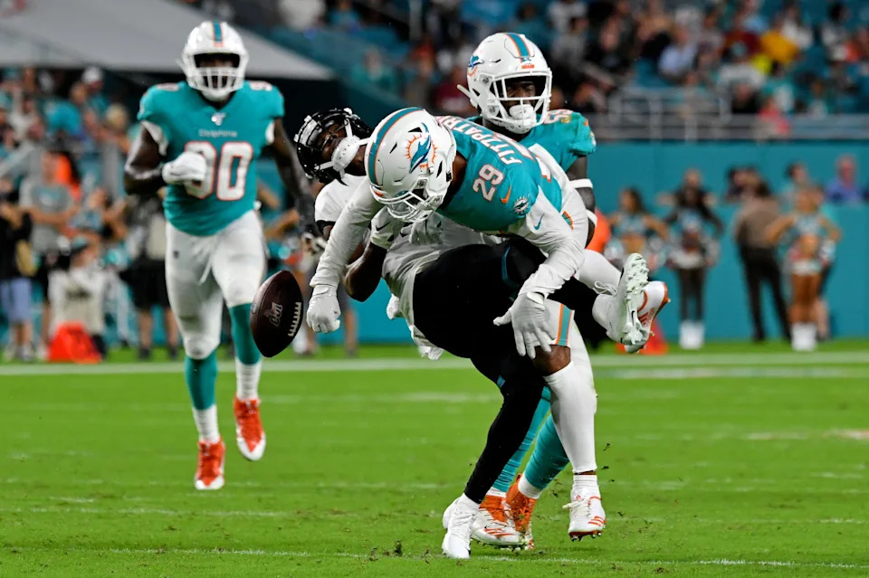 Miami Dolphins free safety Minkah Fitzpatrick breaks up the pass intended for Jacksonville Jaguars wide receiver Dede Westbrook.