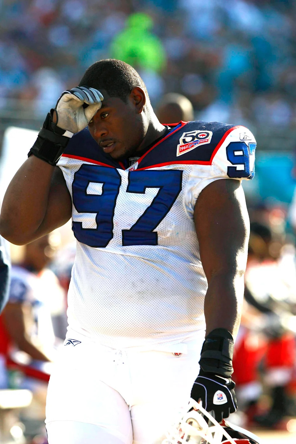 Buffalo Bills defensive tackle John McCargo reacts on the sideline against the Jacksonville Jaguars.