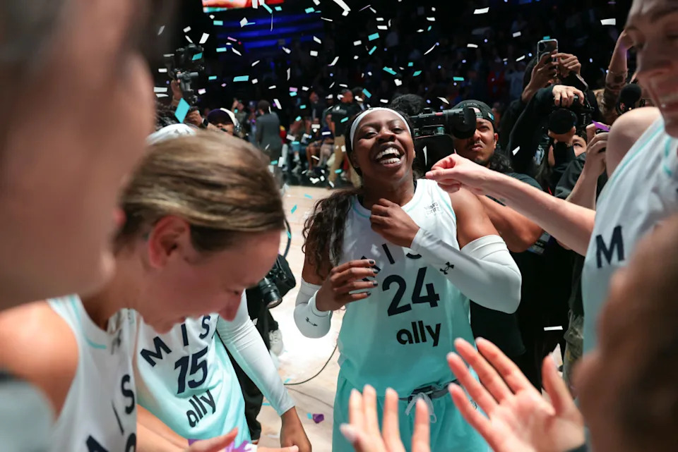Mar 4, 2026; Miami, FL, USA; Mist wing Arike Ogunbowale (24) celebrates with her teammates after winning the Unrivaled championship game against the Phantom at Sephora Arena. Mandatory Credit: Sam Navarro-Imagn Images© Sam Navarro-Imagn Images&period;