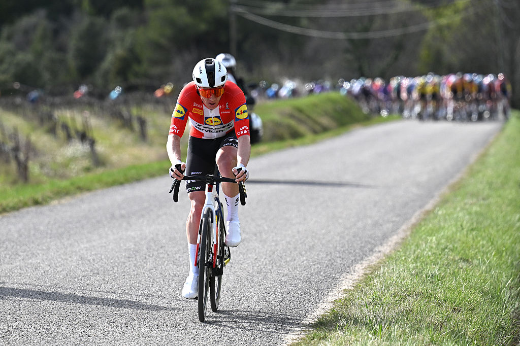 APT, FRANCE - MARCH 13: Soren Kragh Andersen of Denmark and Team Lidl - Trek attacks during the 84th Paris-Nice 2026, Stage 6 a 179.3km stage from Barbentane to Apt 234m / #UCIWT / on March 13, 2026 in Apt, France. (Photo by Szymon Gruchalski/Getty Images)