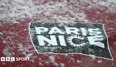 The Paris-Nice sign covered in snow
