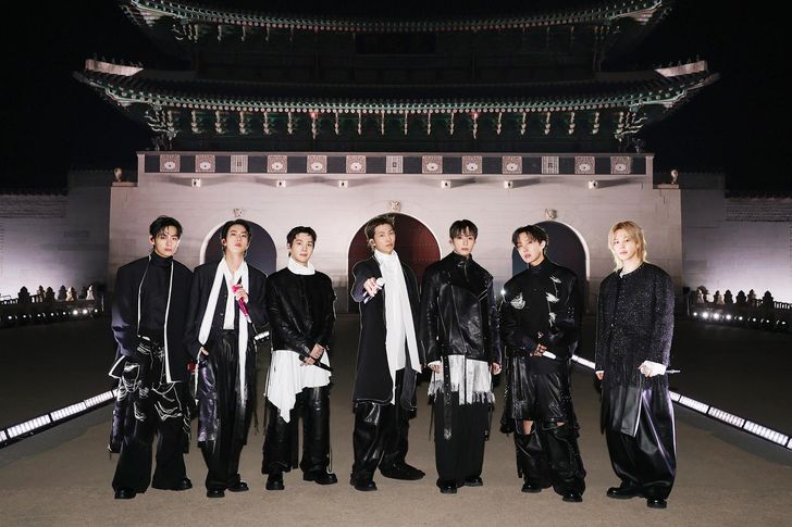 The members of BTS pose during the group's comeback concert at Gwanghwamun Square in central Seoul, March 21. Courtesy of BigHit Music/Netflix