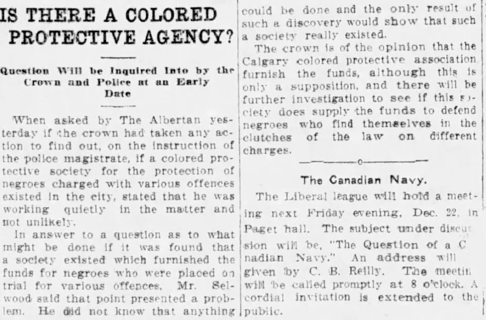 A Calgary Albertan article from Dec. 16, 1911. As the police magistrate questioned the existence of an association helping Black people with legal matters, the newspaper asked what actions could be taken if that was indeed the case.