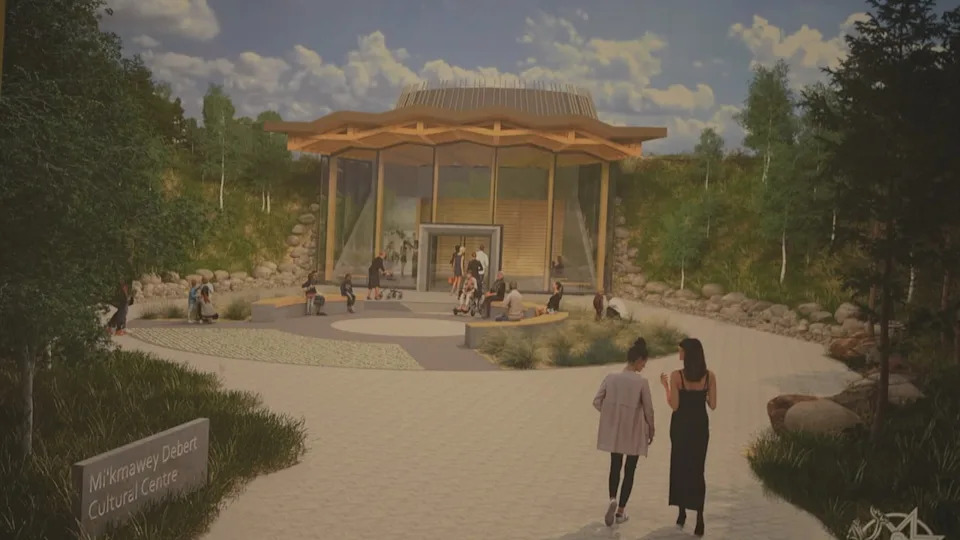 A rendering of the planned Mi'kmawey Debert Cultural Centre was shown at the federal funding announcement on Tuesday, March 17, 2026.