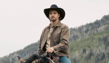 Luke Grimes as Kayce Dutton riding a horse in a promotional photo for 'Marshals'.