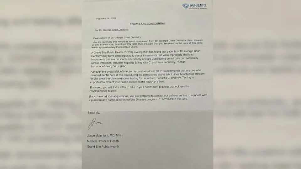Grand Erie Public Health sent out a letter to former patients of Dr. George Chan Dentistry in mid-March, dated Feb. 26, recommending for patients to get tested for hepatitis B, hepatitis C and HIV.