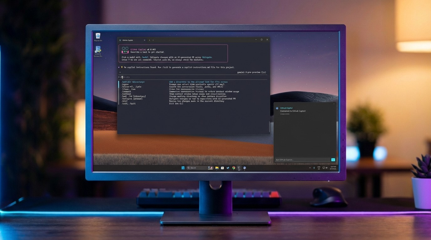 Github Copilot running in Windows Terminal alongside a third-party app.