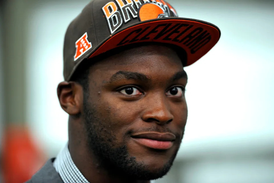 Cleveland Browns first round draft pick defensive end Barkevious Mingo looks around the field house after a press conference.