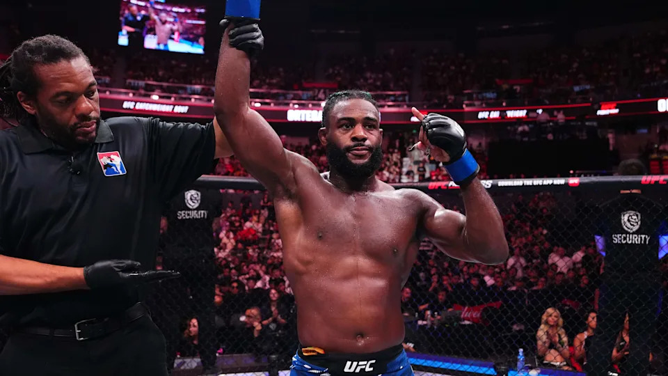 SHANGHAI, CHINA - AUGUST 23: Aljamain Sterling reacts after a victory against Brian Ortega in a 153-pound catchweight fight during the UFC Fight Night event at Shanghai Indoor Stadium on August 23, 2025 in Shanghai, China.  (Photo by Jeff Bottari/Zuffa LLC)