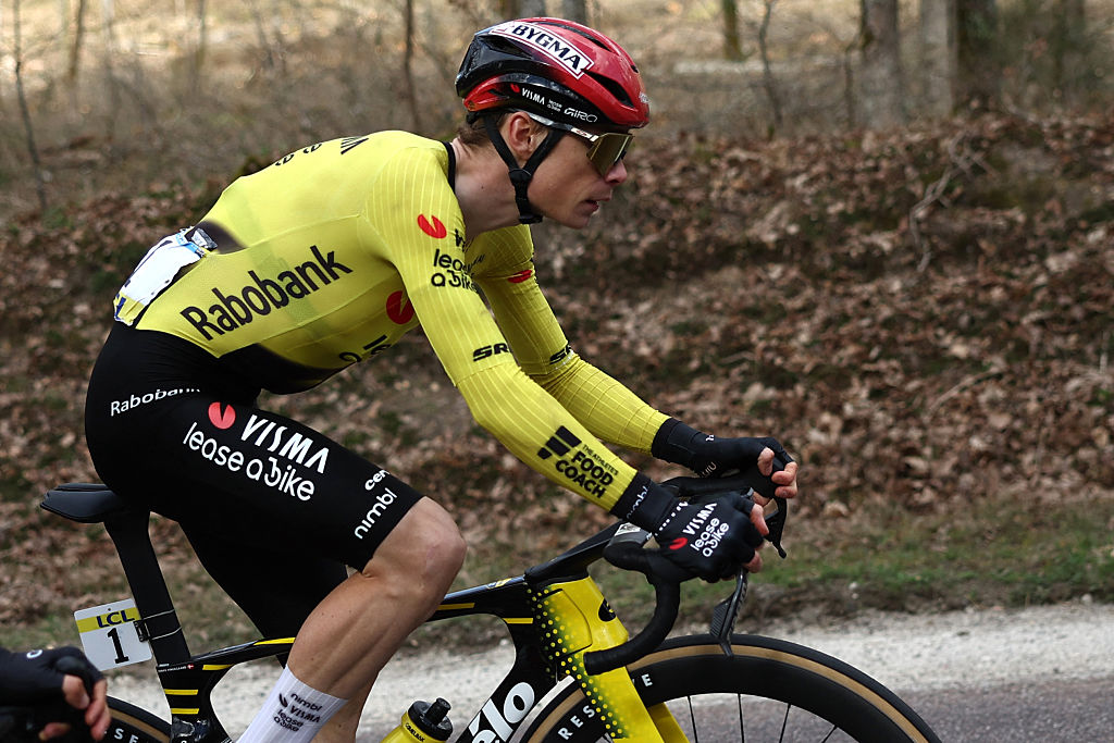 Team Visma - Lease a Bike's Danish rider Jonas Vingegaard rides with the pack during the 2nd stage of the Paris-Nice cycling race, 187 km between &Eacute;p&ocirc;ne and Montargis, on March 9, 2026. (Photo by Anne-Christine POUJOULAT / AFP)