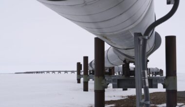 In the foreground, a close-up view of an above-ground pipeline. In the background, the pipeline extends to the horizon along a flat, snowy landscape.