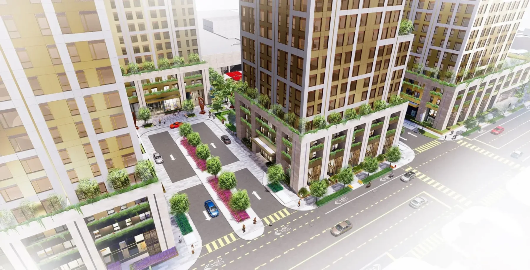 Aerial view of new residential and commercial buildings with green spaces in Bramalea City Centre, Brampton, Ontario.