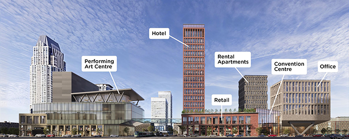 There will also be a 400,000- to 500,000-square-foot conference centre, a 400-room hotel with 1,500 to 3,000 underground parking spaces, a music hub with a 2,500 to 5,000 capacity performance venue, recording studios and a music school. It also features a new nine-storey office building and 20-storey purpose-built rental development with atrium-style retail space.