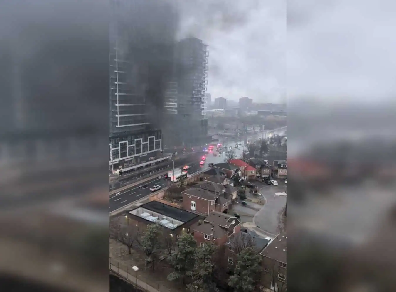 VIDEO: Empty highrise apartment building goes up in smoke in Brampton