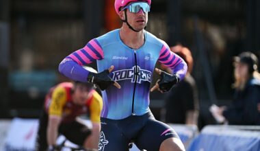 ROESELARE - MARCH 22: Dylan Groenewegen of Netherlands and Team Unibet Rose Rockets celebrates at finish line as race winner during the 15th Grote Prijs Jean-Pierre Monsere 2026 a 202.5km one day race from Torhout to Roeselare on March 22, 2026 in Roeselare, Italy. (Photo by Luc Claessen/Getty Images)