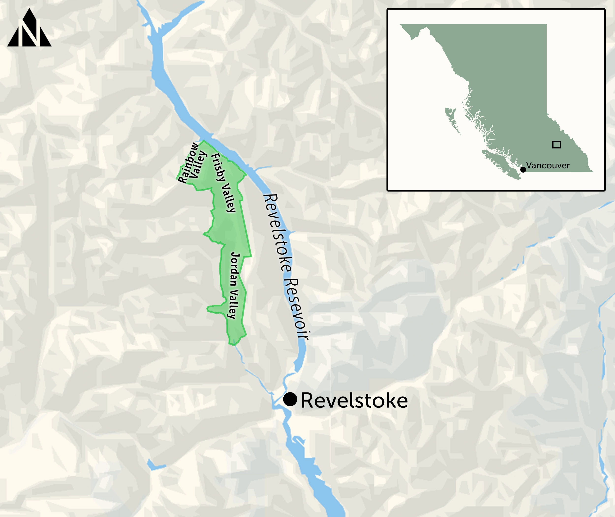 a map of the proposed Rainbow-Jordan provincial park in B.C.'s inland temperate rainforest