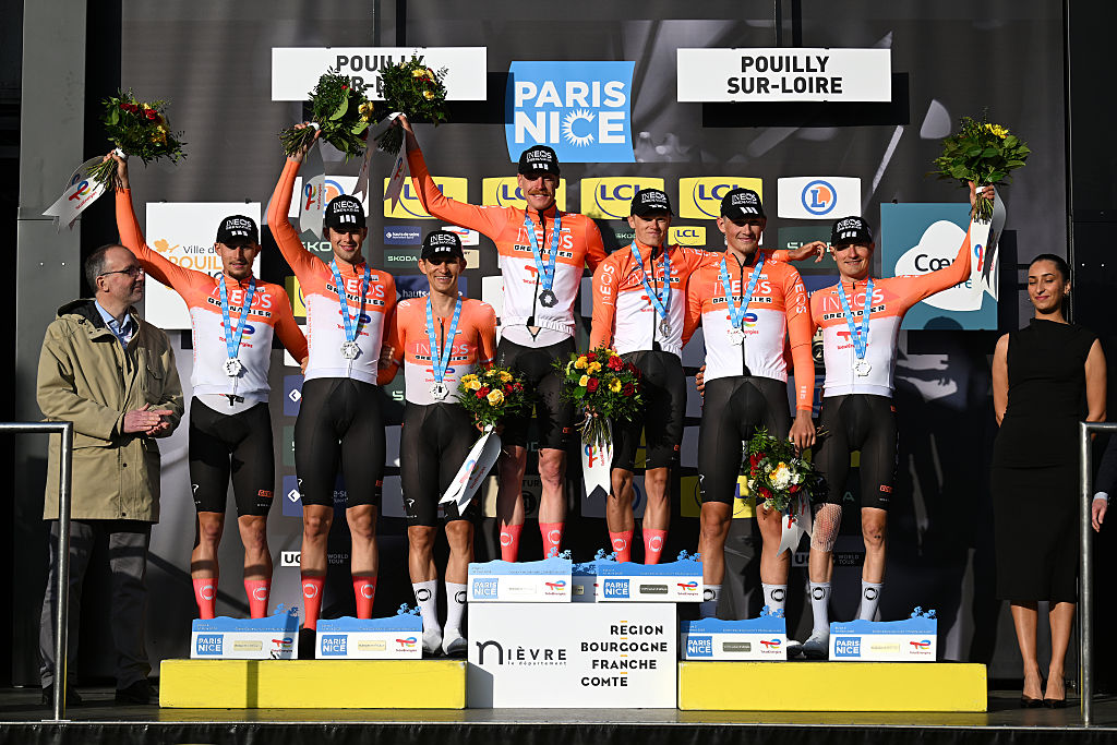 POUILLY-SUR-LOIRE, FRANCE - MARCH 10: Oscar Onley of Great Britain, Dorian Godon of France, Michal Kwiatkowski of Poland, Carlos Rodriguez of Spain, Joshua Tarling of Great Britain, Kevin Vauquelin of France, Samuel Watson of Great Britain and Team INEOS Grenadiers celebrate at podium as stage winners during the 84th Paris-Nice 2026, Stage 3 a 23.5km team time trial stage from Cosne-Cours-sur-Loire to Pouilly-sur-Loire / #UCIWT / on March 10, 2026 in Pouilly-sur-Loire, France. (Photo by Szymon Gruchalski/Getty Images)