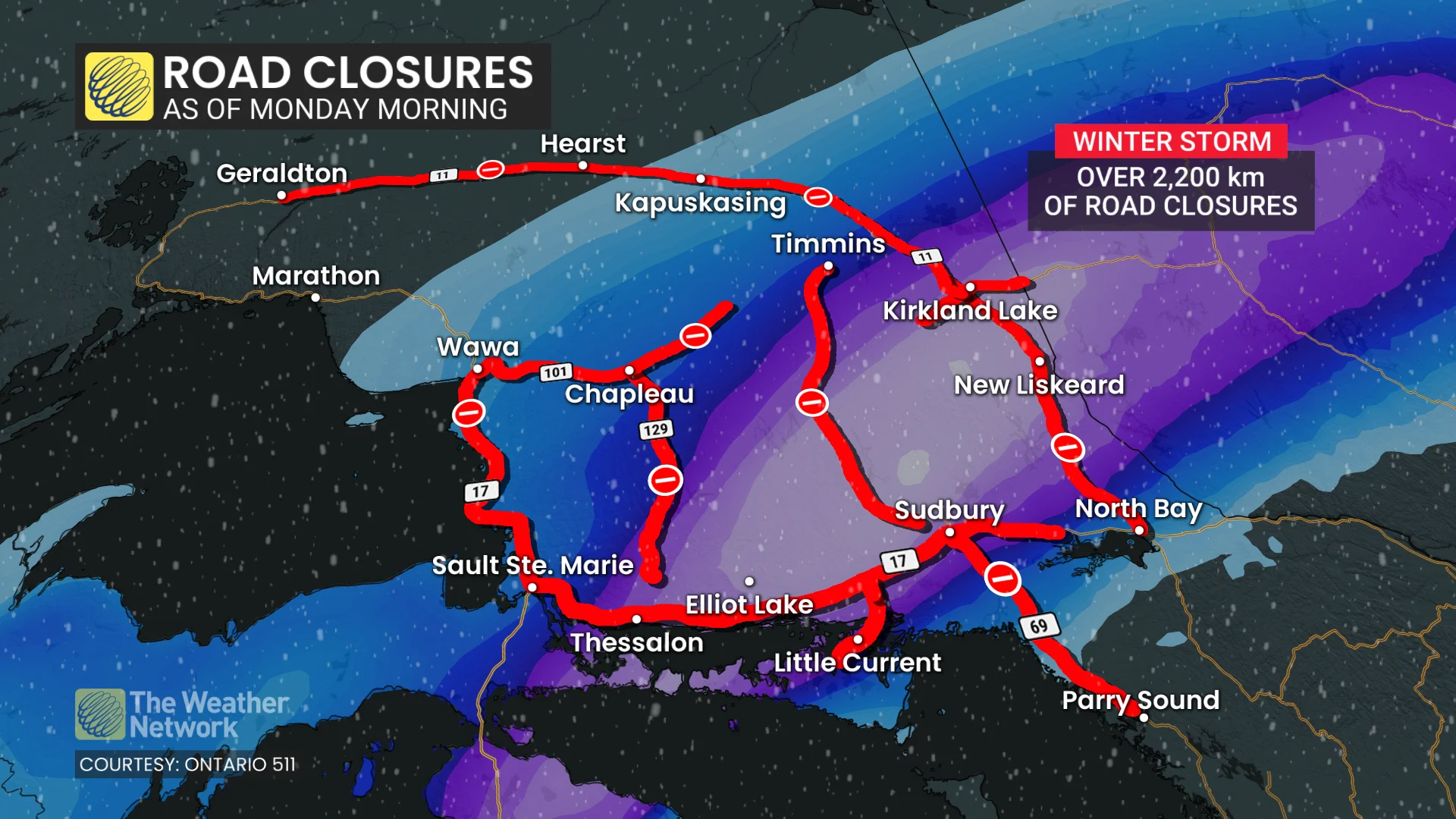 Baron - Northern Ontario road closures - Mar 16