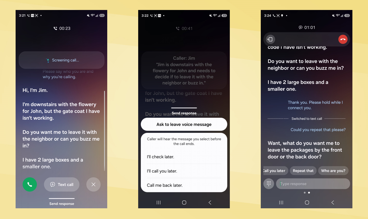 Galaxy S26 vs iPhone 17 Call Screen screenshots.
