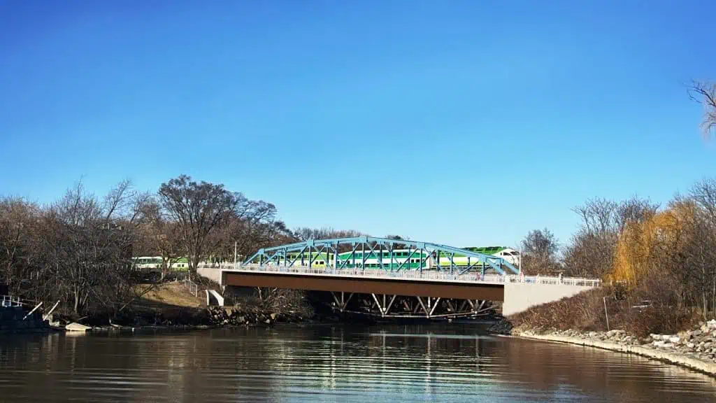 new pedestrian bridge in port credit area of mississauga.