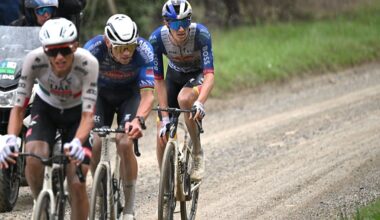 Isaac del Torro, Guilio Pellizzari and Mathieu van der Poel on stage 2 at Tirreno-Adriatico