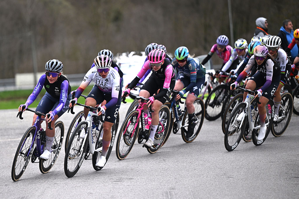 CITTIGLIO, ITALY - MARCH 15: (L-R) Matilde Vitillo of Italy and Team Liv AlUla Jayco and Silvia Persico of Italy and UAE Team ADQ compete during the 27th Trofeo Alfredo Binda - Comune di Cittiglio 2026 a 152.7km one dat race from Luino to Cittiglio / #UCIWWT / on March 15, 2026 in Cittiglio, Italy.Luino, Italy. (Photo by Luc Claessen/Getty Images)