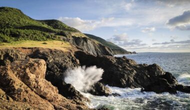 Waves crash ashore along the coast in Cape Breton Highlands National Park, Nova Scotia,