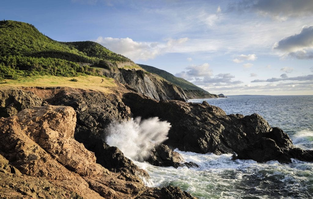 Waves crash ashore along the coast in Cape Breton Highlands National Park, Nova Scotia,