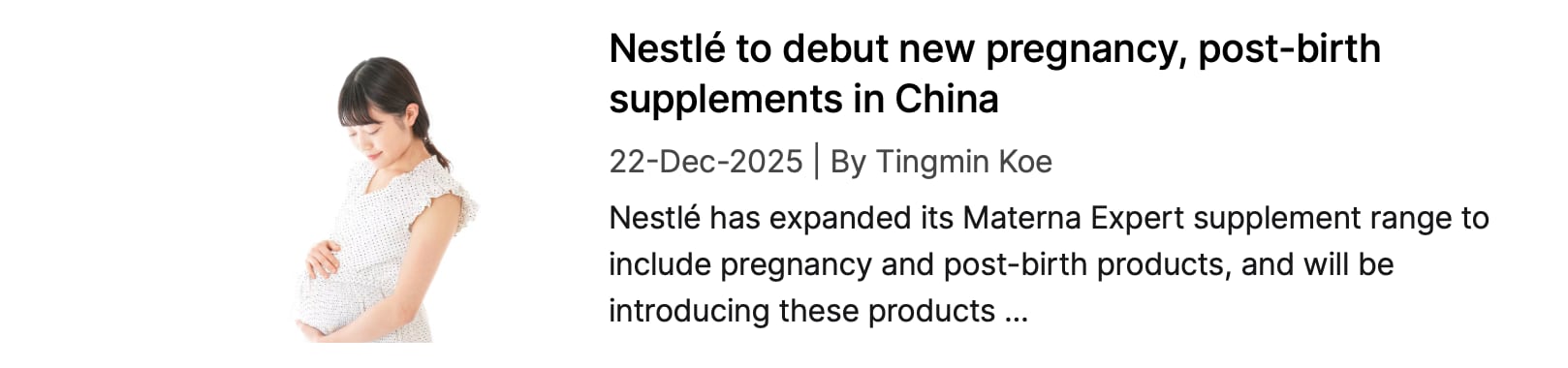 Screenshot of NutraIngredients coverage: "Nestlé to debut new pregnancy, post-birth supplements in China"