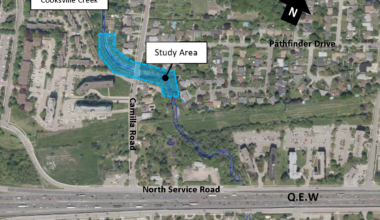 An aerial map view of Camilla Road at Cooksville Creek.