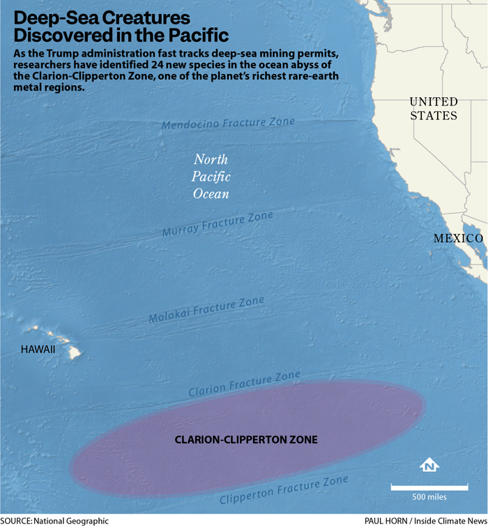 A map of the Pacific Ocean, with the Clarion-Clipperton Zone, in between Hawaii and Mexico, shaded in purple.