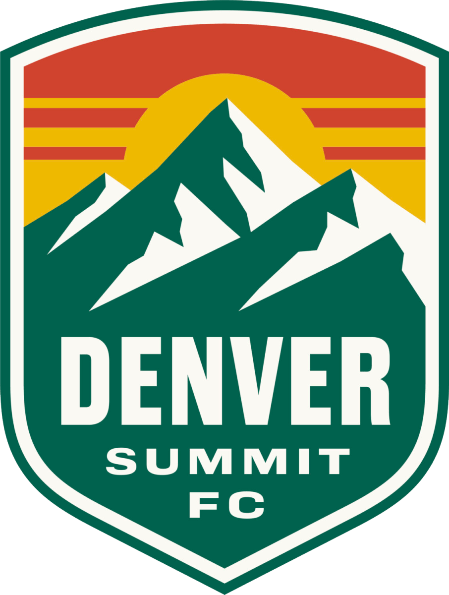 A shield-shaped logo featuring a mountain with snow caps, a stylized sunset, and the text "DENVER SUMMIT FC" in bold white letters.
