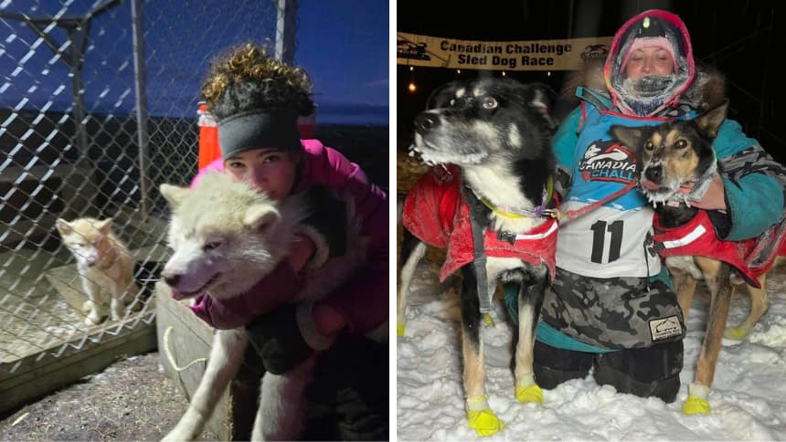 Left image: A girl in a bun poses with a white fluffy dog, bending down and kissing it. Right image: A girl poses with two big dogs that are black and brown, with one in each arm.