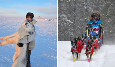 Left image: Girl poses in the Arctic, holding a large, fluffy white dog. Right image: A girl on a sled speeding across the snow, being pulled by six dogs.
