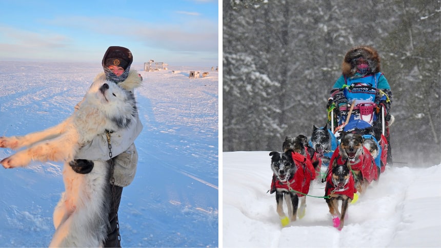 Left image: Girl poses in the Arctic, holding a large, fluffy white dog. Right image: A girl on a sled speeding across the snow, being pulled by six dogs.