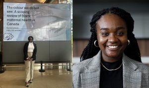 A closeup of Ebonee Lennord alongside an image of her presenting her research.