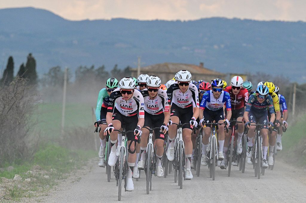 The pack of riders pictured in action during the men elite 'Strade Bianche' one day cycling race, 203km from and to Siena, Italy on Saturday 07 March 2026. BELGA PHOTO DIRK WAEM (Photo by DIRK WAEM / BELGA MAG / Belga via AFP)