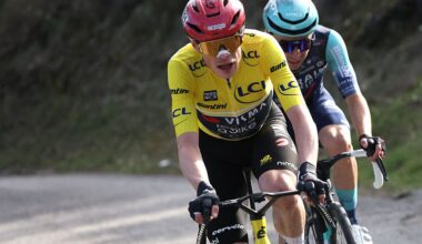 Team Visma - Lease a Bike's Danish rider Jonas Vingegaard, wearing the overall leader yellow jersey, rides in a breakaway with Bahrain - Victorious' French rider Lenny Martinez (R) during the 8th and final stage of the Paris-Nice cycling race, 129.2 km between Nice and Nice, on March 15, 2026. (Photo by Anne-Christine POUJOULAT / AFP)
