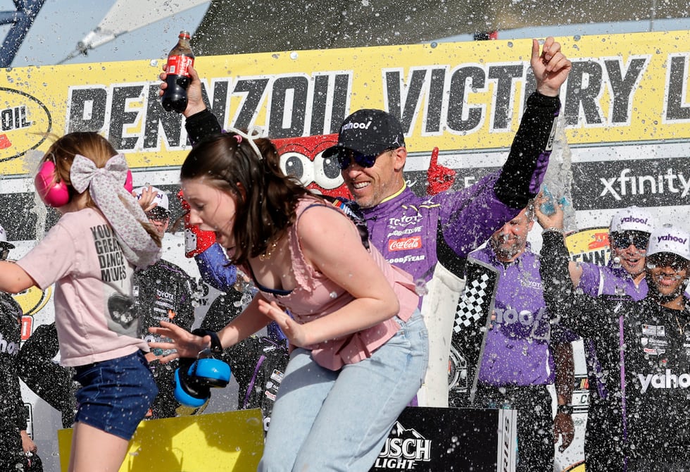 Denny Hamlin's family celebrated his emotional March 15 win with him at Las Vegas Motor Speedway.