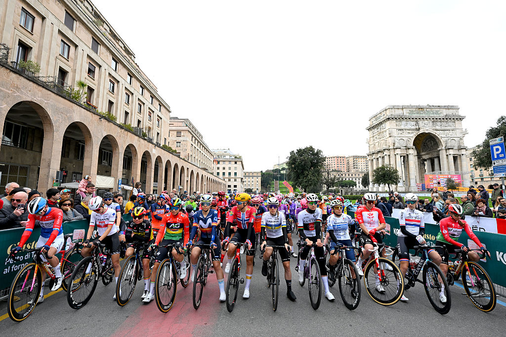 GENOVA, ITALY - MARCH 21: A general view of the peloton competing prior to the 8th Milano-Sanremo Donne 2026, Women's Elite a 156km one day race from Genova to Sanremo / #UCIWWT / on March 21, 2026 in Genova, Italy. (Photo by Tim de Waele/Getty Images)