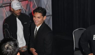 Ryan Garcia greets fans during a promotional event ahead of his fight with Rolando “Rolly” Romero, during the build-up to their May 2, 2025 bout in Times Square, New York.