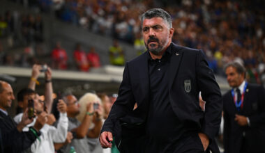 BERGAMO, ITALY - SEPTEMBER 05: Coach Gennaro Gattuso of Italy looks on prior to the National anthems prior to the FIFA World Cup 2026 qualifier match between Italy and Estonia at Stadio di Bergamo on September 05, 2025 in Bergamo, Italy. (Photo by Mattia Ozbot/Getty Images)
