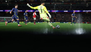 David Raya of Arsenal takes a free-kick during the UEFA Champions League 2025/26 League Phase MD3 match between Arsenal FC and Atletico de Madrid a...