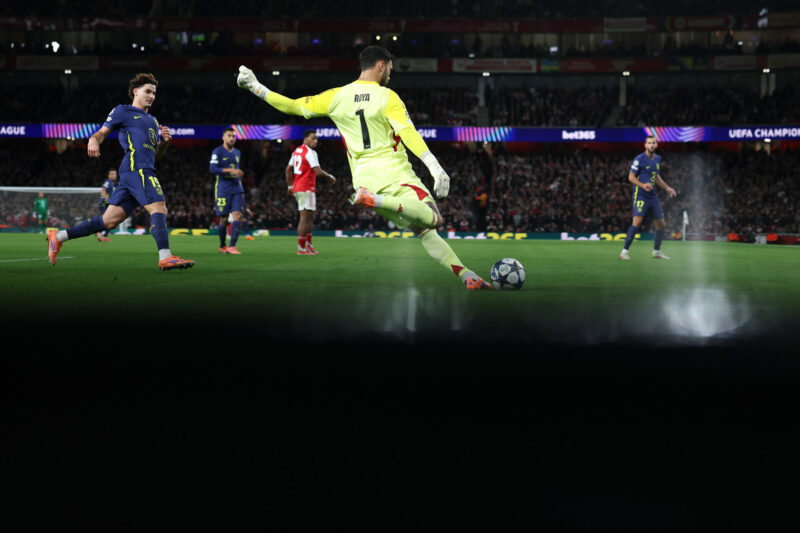 David Raya of Arsenal takes a free-kick during the UEFA Champions League 2025/26 League Phase MD3 match between Arsenal FC and Atletico de Madrid a...