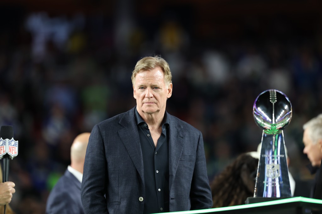 Roger Goodell stands with the Lombardi Trophy after the Seahawks' Super Bowl LX win over the Patriots on Feb. 8, 2026.