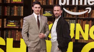 LONDON, ENGLAND - FEBRUARY 24: Hero Fiennes-Tiffin (L) and Joseph Fiennes attend the "Young Sherlock" World Premiere at Queen Elizabeth Hall on February 24, 2026 in London, England. (Photo by Simon Ackerman/Getty Images)