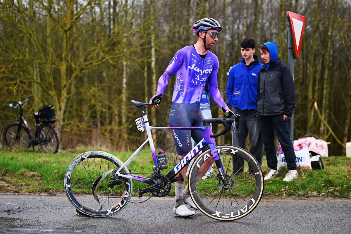 NIVONE, BELGIUM - FEBRUARY 28: Detail of the exploded tire of Amaury Capiot of Belgium and Team Jayco AlUla during the 21st Omloop Het Nieuwsblad 2026, Men's Elite a 207.2km one day race from Ghent to Ninove / #UCIWT / on February 28, 2026 in Ninove, Belgium. (Photo by Tim de Waele/Getty Images)