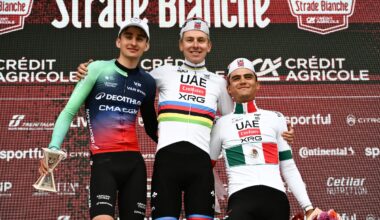 Paul Seixas, Strade Bianche winner Tadej Pogačar and Isaac Del Toro celebrate on the podium after Strade Bianche (Photo: Marco Bertorello / AFP)